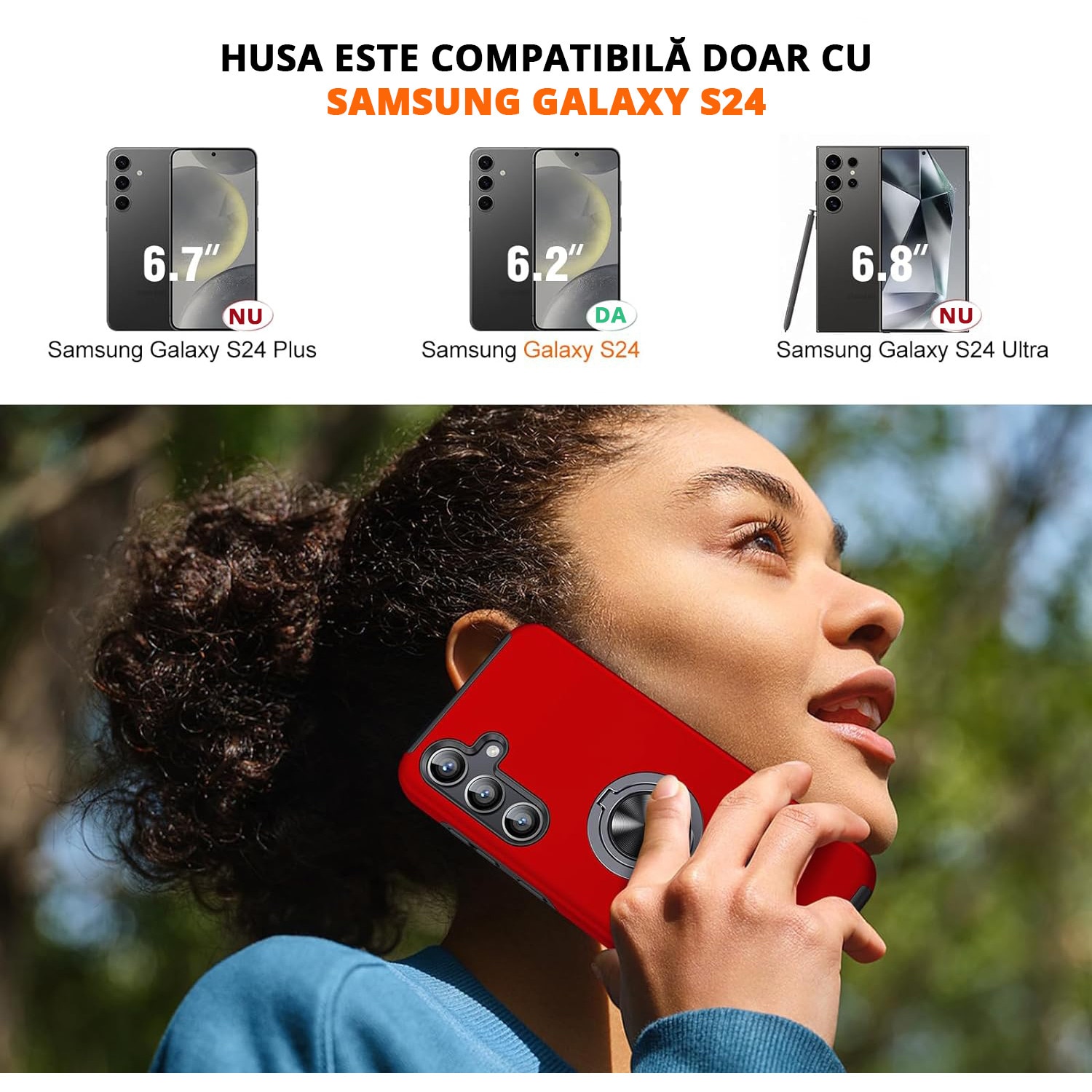 Husa pentru Samsung Galaxy S24, MobileSmart, Hibrid Antisoc, Inel Rotativ 360° Magnetic pentru Suport Auto, Rosu