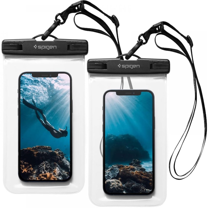 Spigen A601 IPX8 Husa impermeabila pentru 2 persoane pentru telefon de maxim 8 inci, transparent-negru
