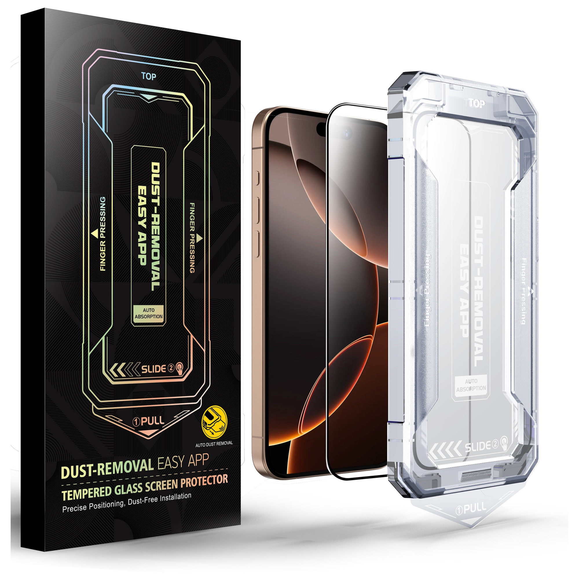 Folie sticla pentru Iphone 17 PRO, Clear, Sticla securizata 0.33mm, Anti-amprenta cu margini negre 6.3", instalare usoara si rapida cu dispozitiv de potrivire automata in 30 sec cu Easy Install Kit, protectie telefon, RikBo®