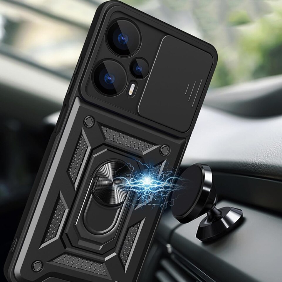 Husa pentru Xiaomi Poco F6 cu inel magnetic si protectie camera Skyddar CamShield - Negru