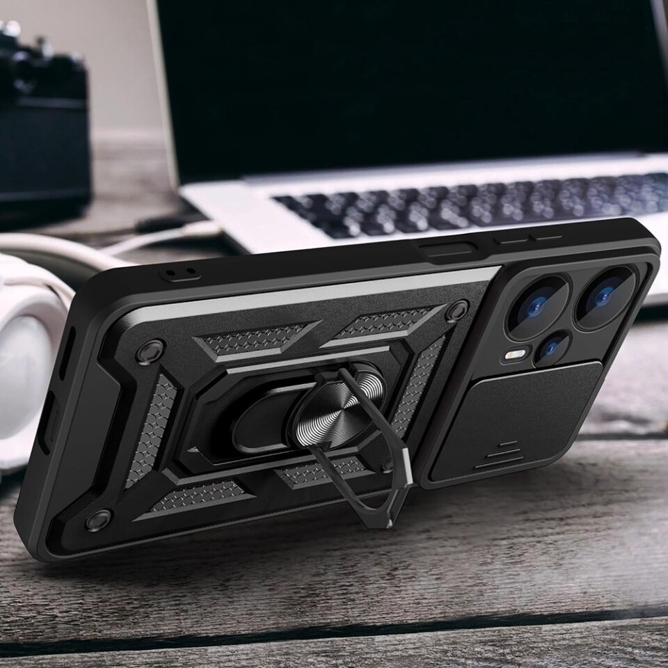Husa pentru Xiaomi Poco F6 cu inel magnetic si protectie camera Skyddar CamShield - Negru