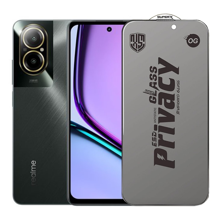 Folie de Sticla Privacy OG pentru Realme C67, selexmo, Sticla Securizata ESD Antistatica, Super-X, cu Margini Negre, Rezistenta la Zgirieturi, 0.30 mm, Transparenta