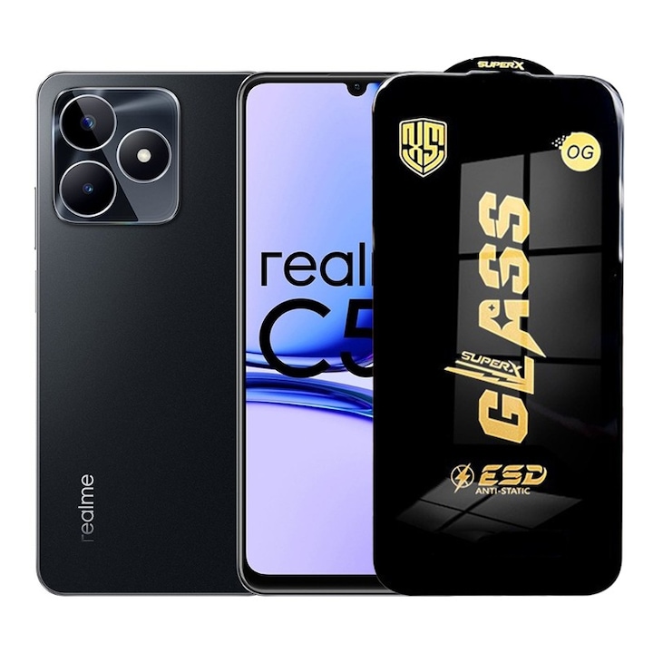 Folie de Protectie pentru Realme C53, selexmo, Sticla Securizata ESD, Margini Negre, Rezistenta la Zgirieturi, Antistatica, 0.35 mm, Transparenta