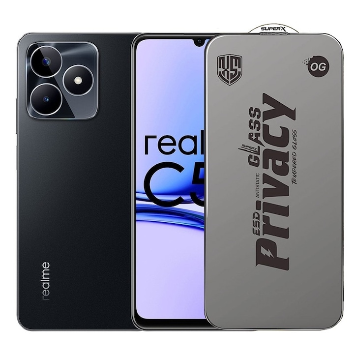Folie de Protectie pentru Realme C53, selexmo, Sticla Securizata ESD Antistatica, Super-X Privacy OG, Margini Negre, 0.30 mm, Transparent Inchis
