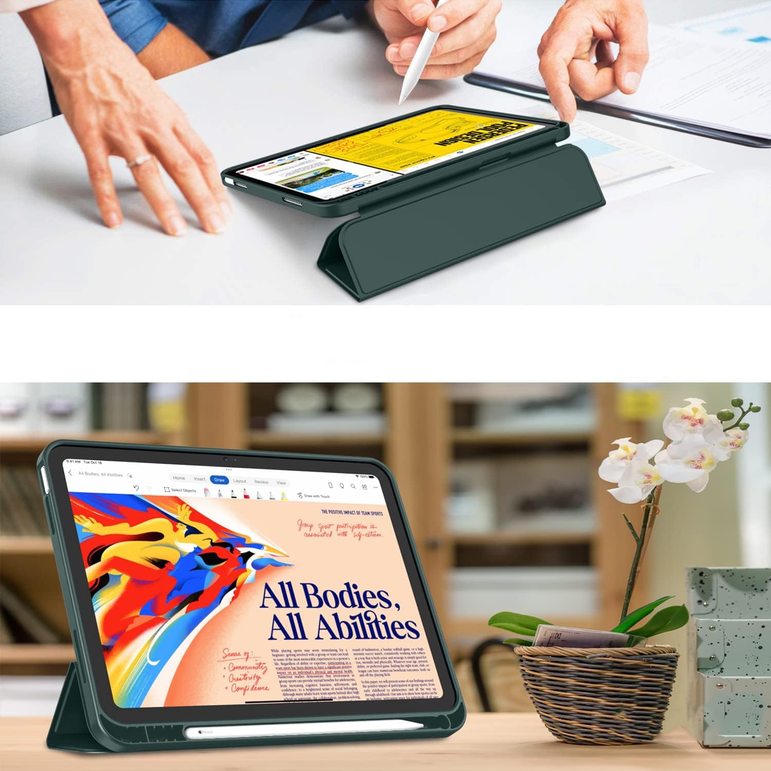 Husa pentru tableta, Supero, compatibil Apple, pentru iPad Air 11" M3/M2 si 10.9" 5/4 Gen (2025/2024/2022/2020), cu spate dur rezistent la zgarieturi, cu suport integrat pentru stylus si clapeta auto-wake/auto-sleep, rabatabila tip stand, decupaje