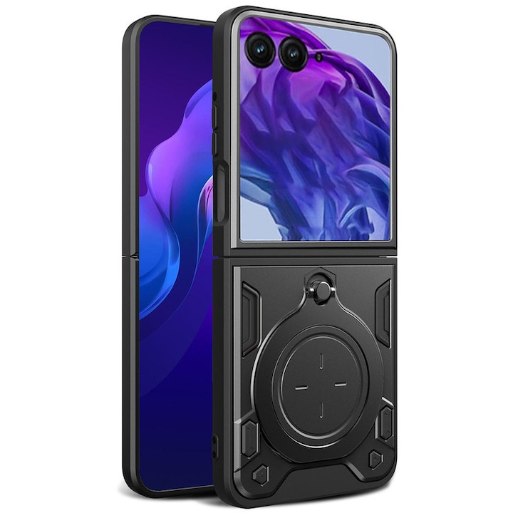 Husa telefon, pentru Motorola Razr 40 Ultra 5G, Capacul obiectivului camerei glisante, Inel rotativ 360 ° Kickstand, Negru titan