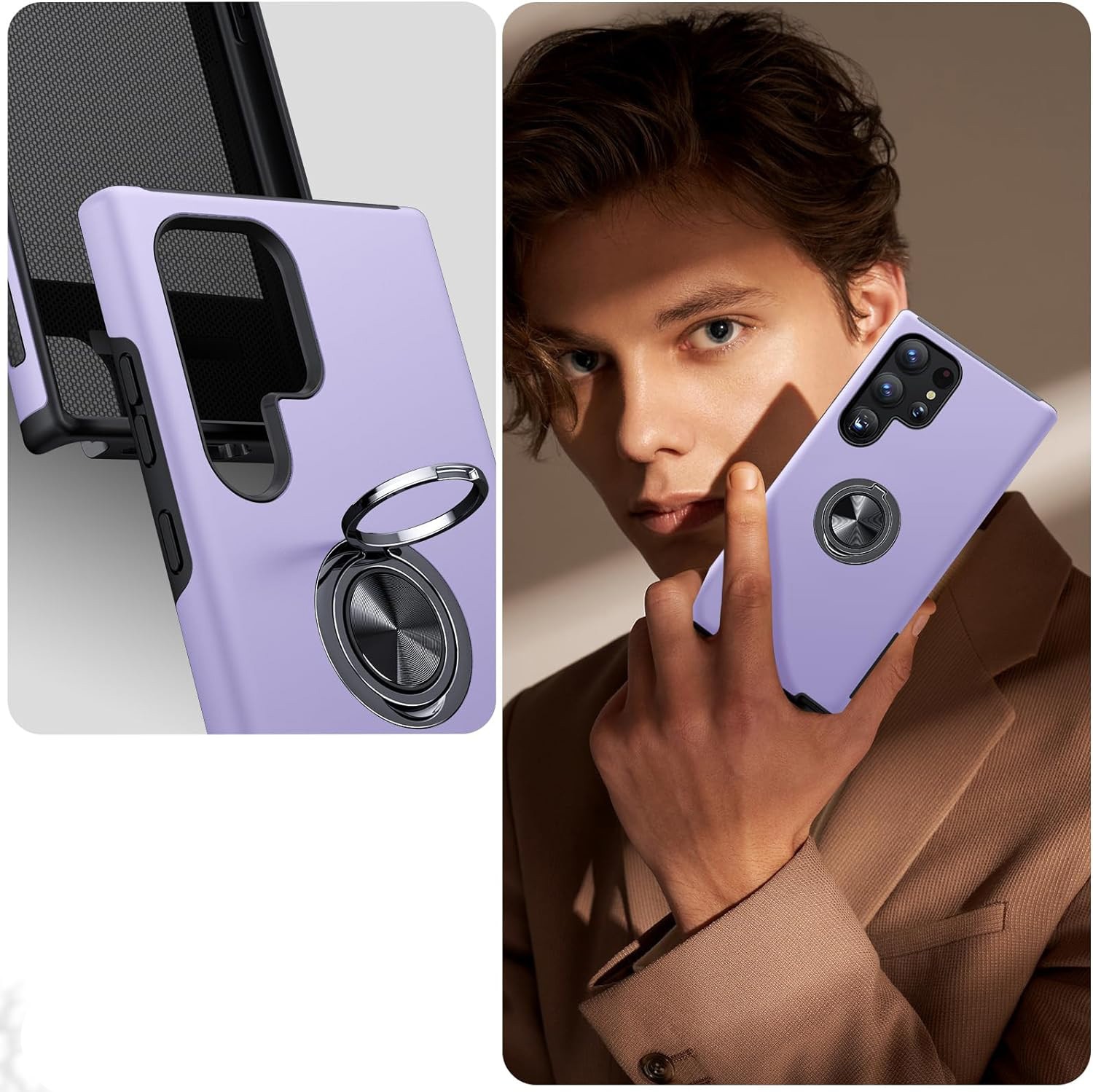 Husa pentru Samsung Galaxy S24 Ultra, MobileSmart, Hibrid Antisoc, Inel Rotativ 360° Magnetic pentru Suport Auto, Mov
