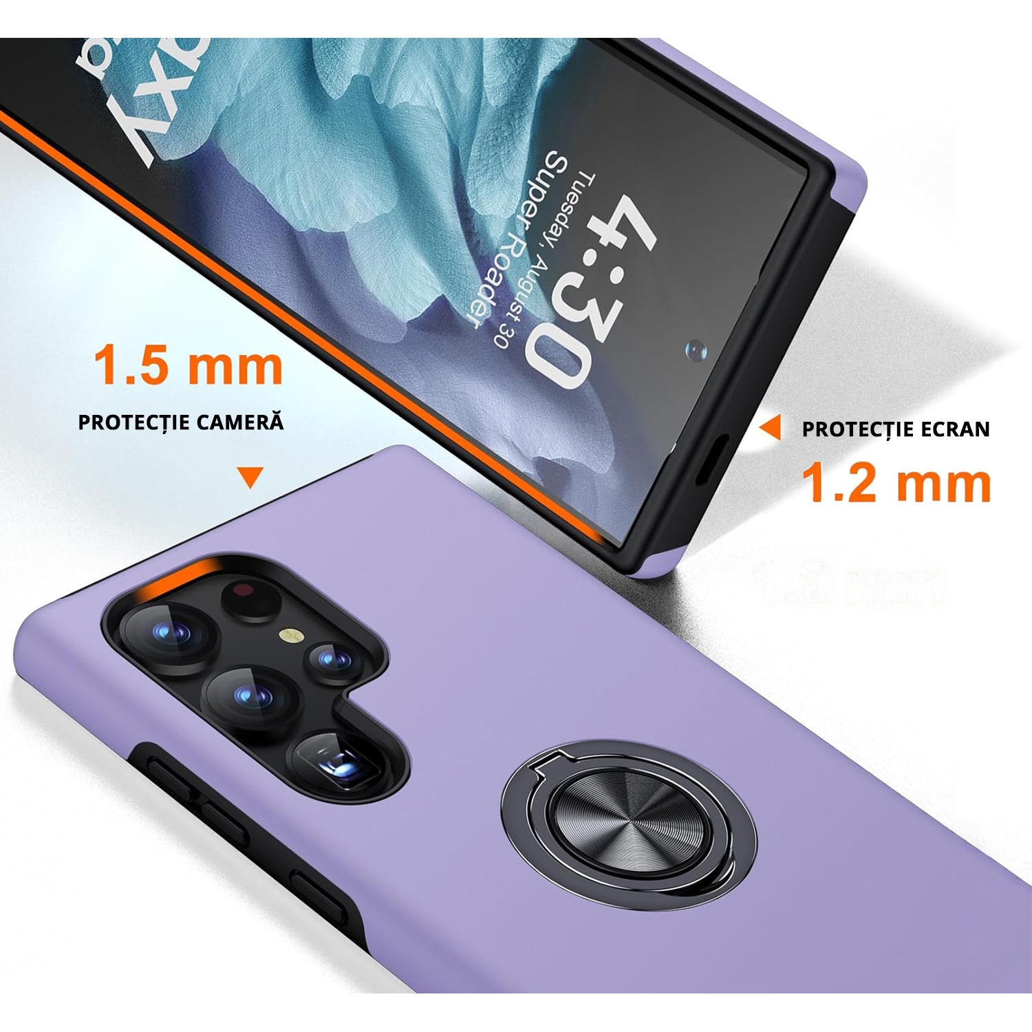 Husa pentru Samsung Galaxy S24 Ultra, MobileSmart, Hibrid Antisoc, Inel Rotativ 360° Magnetic pentru Suport Auto, Mov
