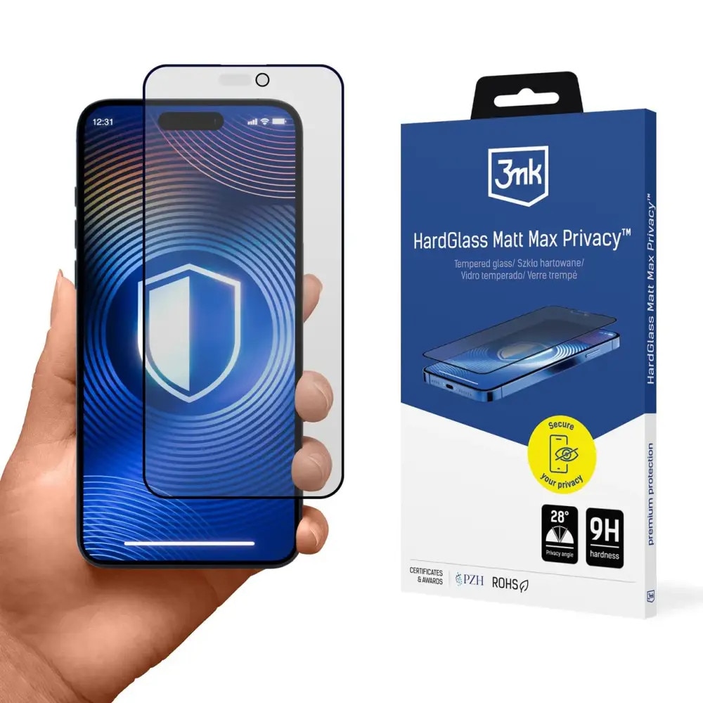 Folie de protectie, 3MK, HardGlass Matt Max Privacy, Compatibil cu Apple iPhone 15 Pro Max, Sticla securizata, 9H, anti-reflexie, Transparent