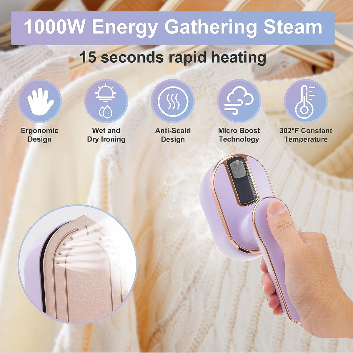Mini fier de calcat cu aburi portabil, talpa ceramica, 1000W, rezervor 100 ml, mov, model 0806BM-BST3196387