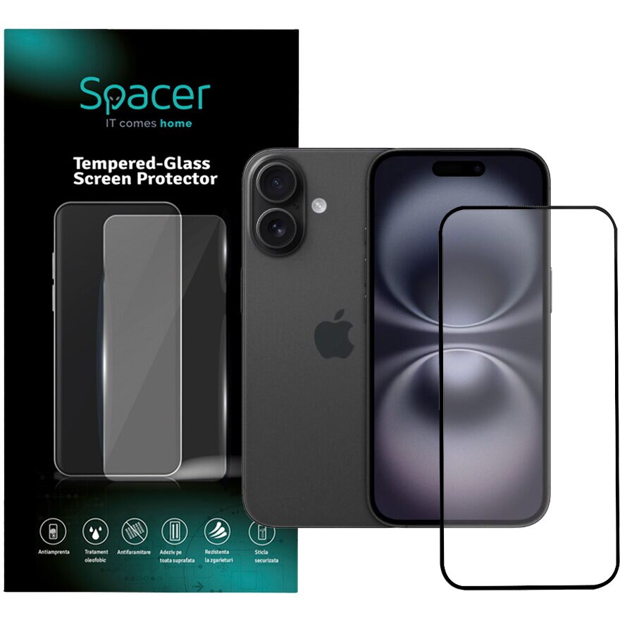 FOLIE STICLA Spacer pentru Iphone 16, grosime 0.3mm, acoperire totala ecran, strat special anti-ulei si anti-amprenta, Tempered