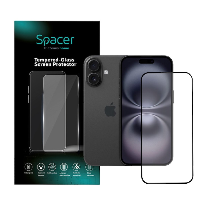 FOLIE STICLA Spacer pentru Iphone 16, grosime 0.3mm, acoperire totala ecran, strat special anti-ulei si anti-amprenta, Tempered