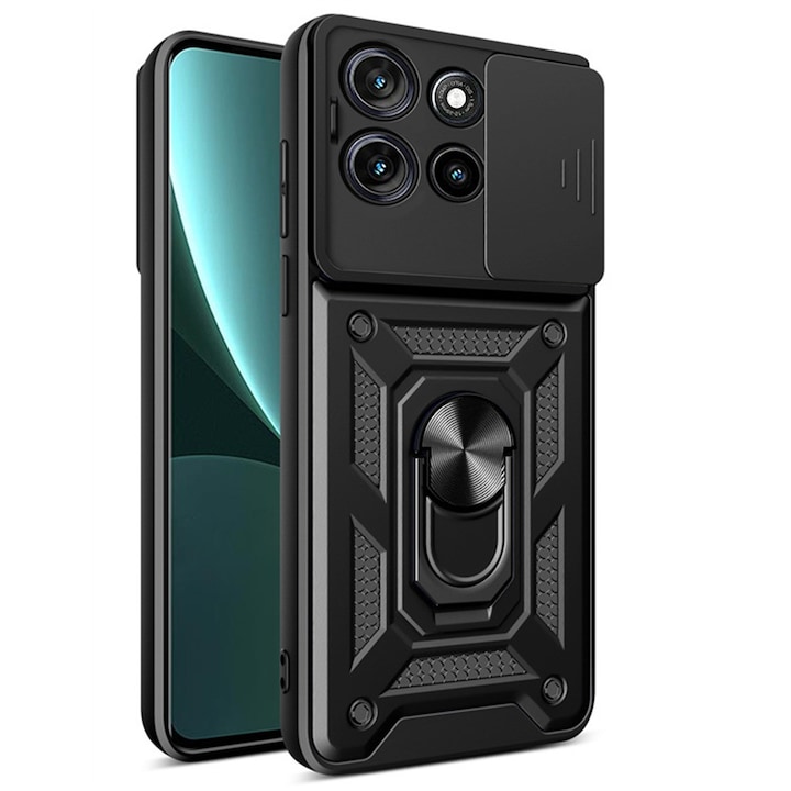 Husa telefon, pentru Motorola G86 Power 5G, Capac de obiectiv al camerei glisante, inel rotativ 360°, Negru