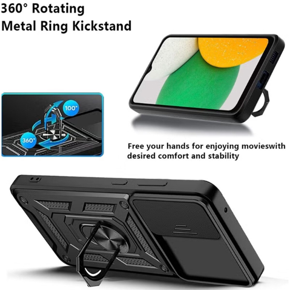 Husa telefon, pentru Motorola G86 Power 5G, Capac de obiectiv al camerei glisante, inel rotativ 360°, Negru