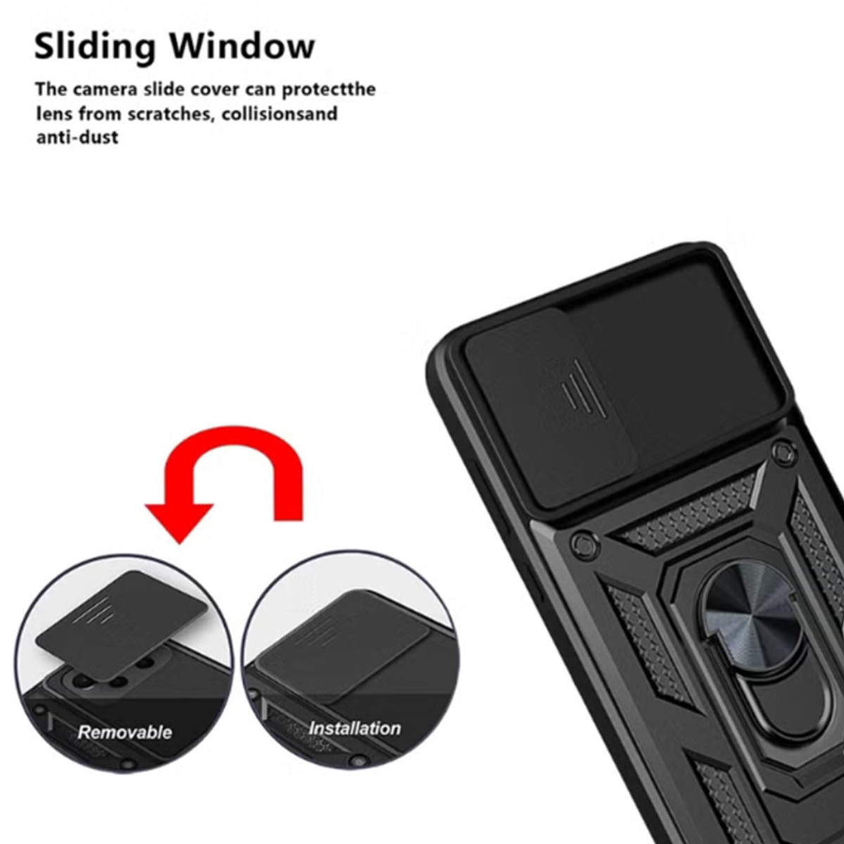 Husa telefon, pentru Motorola G86 Power 5G, Capac de obiectiv al camerei glisante, inel rotativ 360°, Negru
