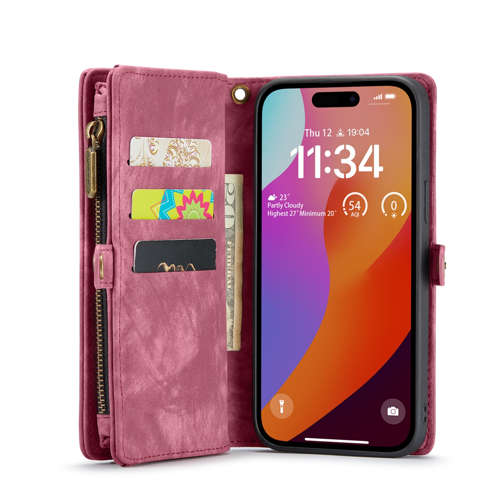 Husa pentru iPhone 15 Pro Max, CaseMe, piele portofel 2 in 1, multifunctionala, back cover detasabil, curelusa mana, inchidere magnetica, stand, buzunare carduri, bani, casti, chei, Rosu