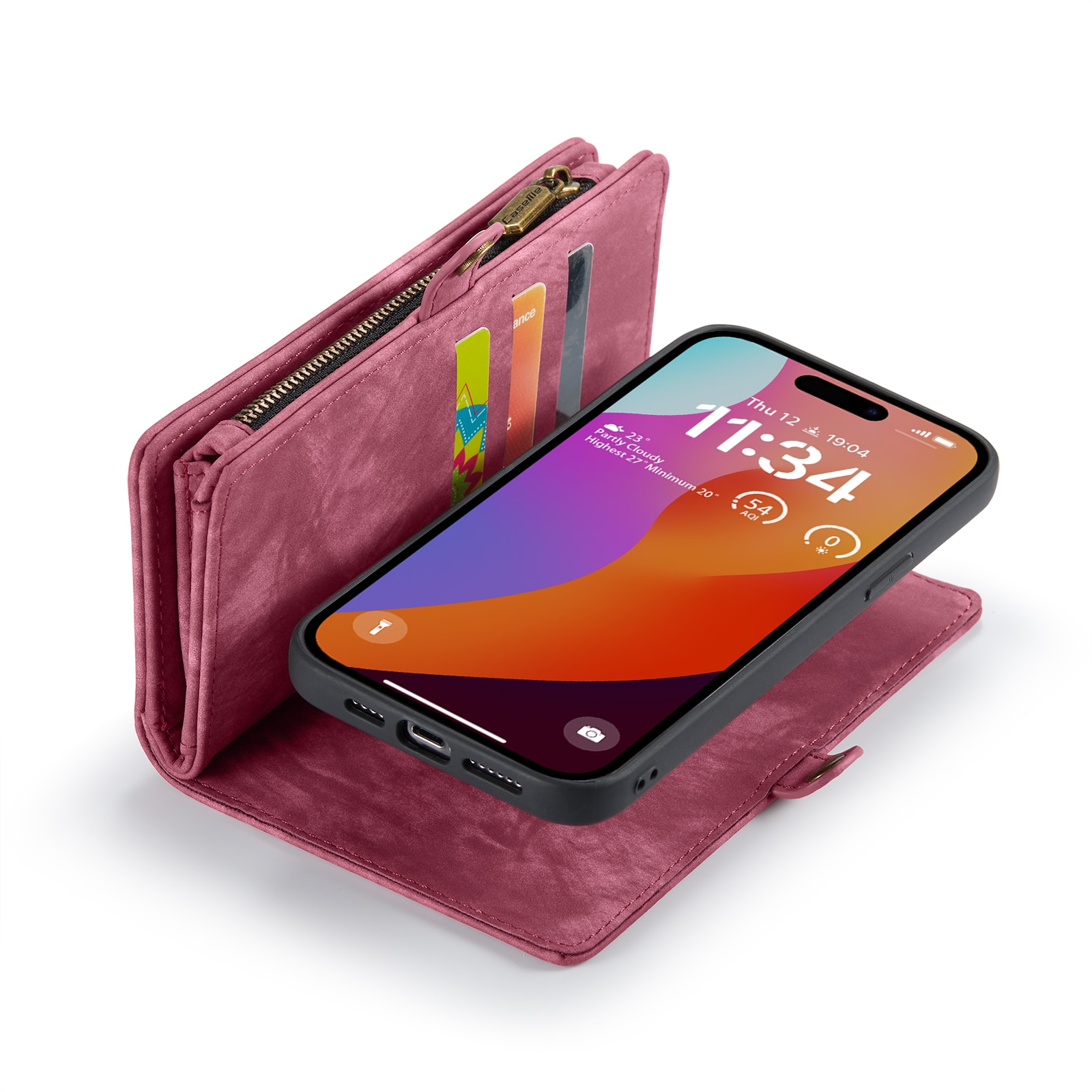 Husa pentru iPhone 15 Pro Max, CaseMe, piele portofel 2 in 1, multifunctionala, back cover detasabil, curelusa mana, inchidere magnetica, stand, buzunare carduri, bani, casti, chei, Rosu