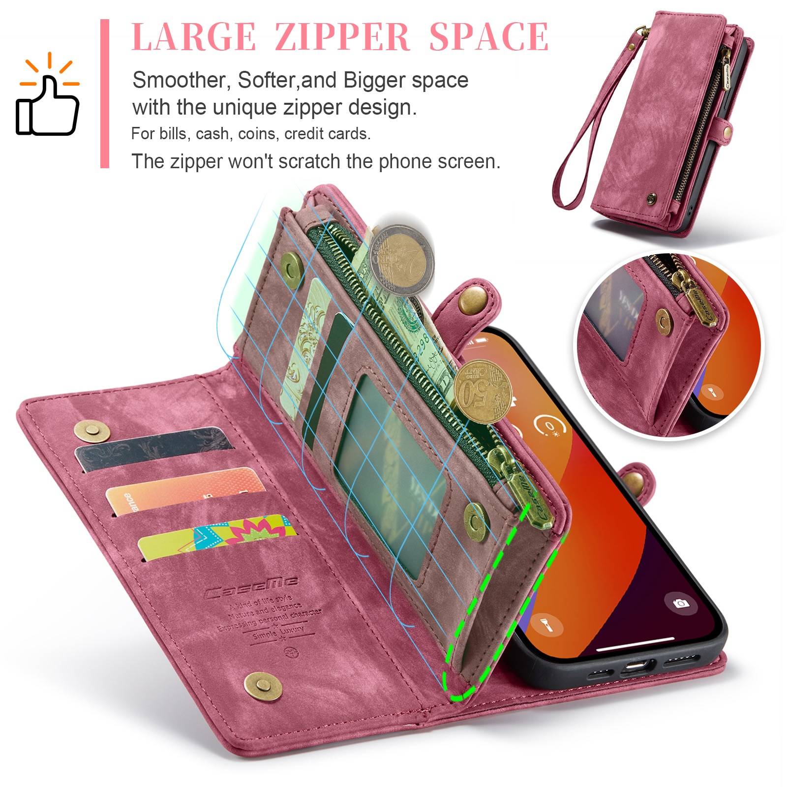 Husa pentru iPhone 15 Pro Max, CaseMe, piele portofel 2 in 1, multifunctionala, back cover detasabil, curelusa mana, inchidere magnetica, stand, buzunare carduri, bani, casti, chei, Rosu
