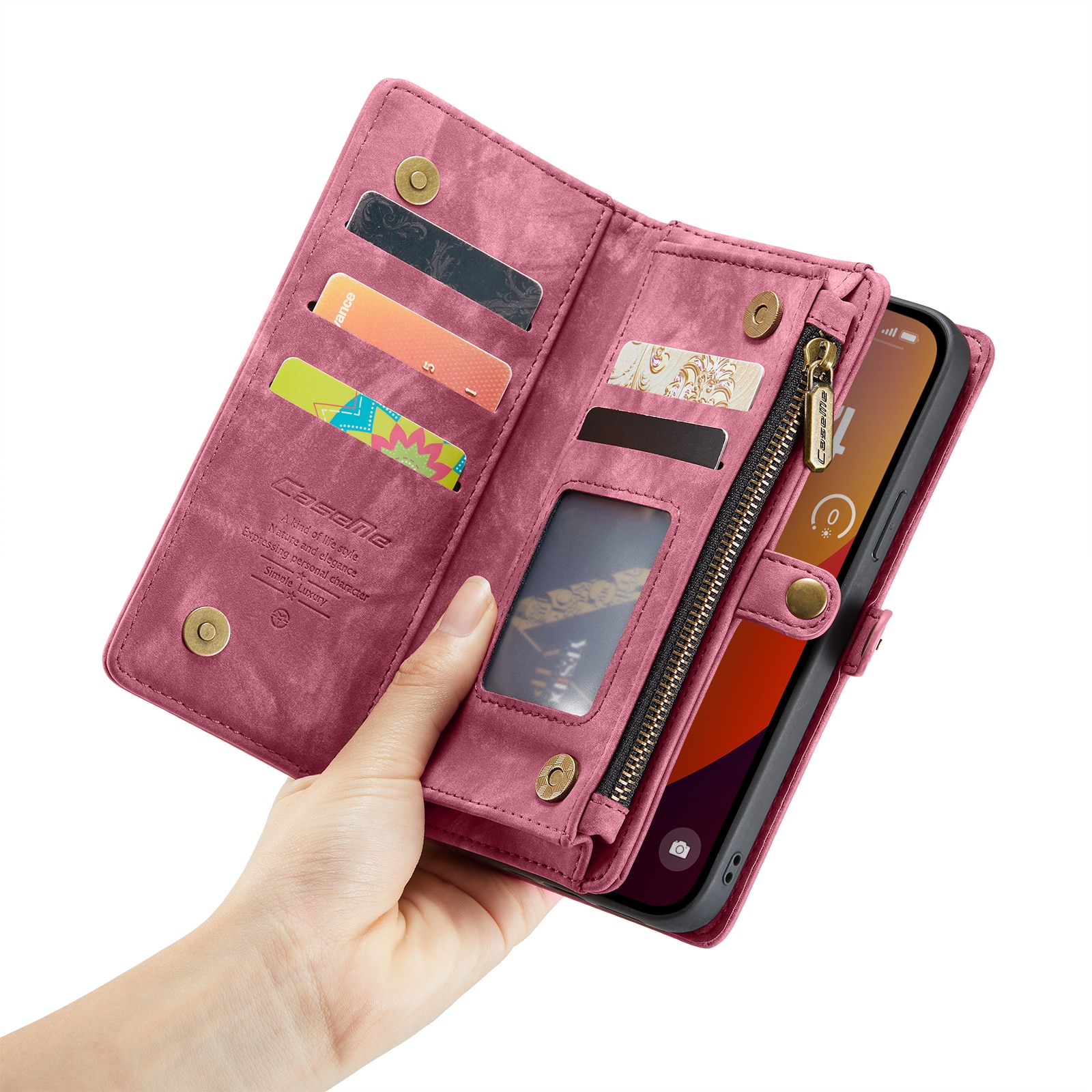 Husa pentru iPhone 15 Pro Max, CaseMe, piele portofel 2 in 1, multifunctionala, back cover detasabil, curelusa mana, inchidere magnetica, stand, buzunare carduri, bani, casti, chei, Rosu