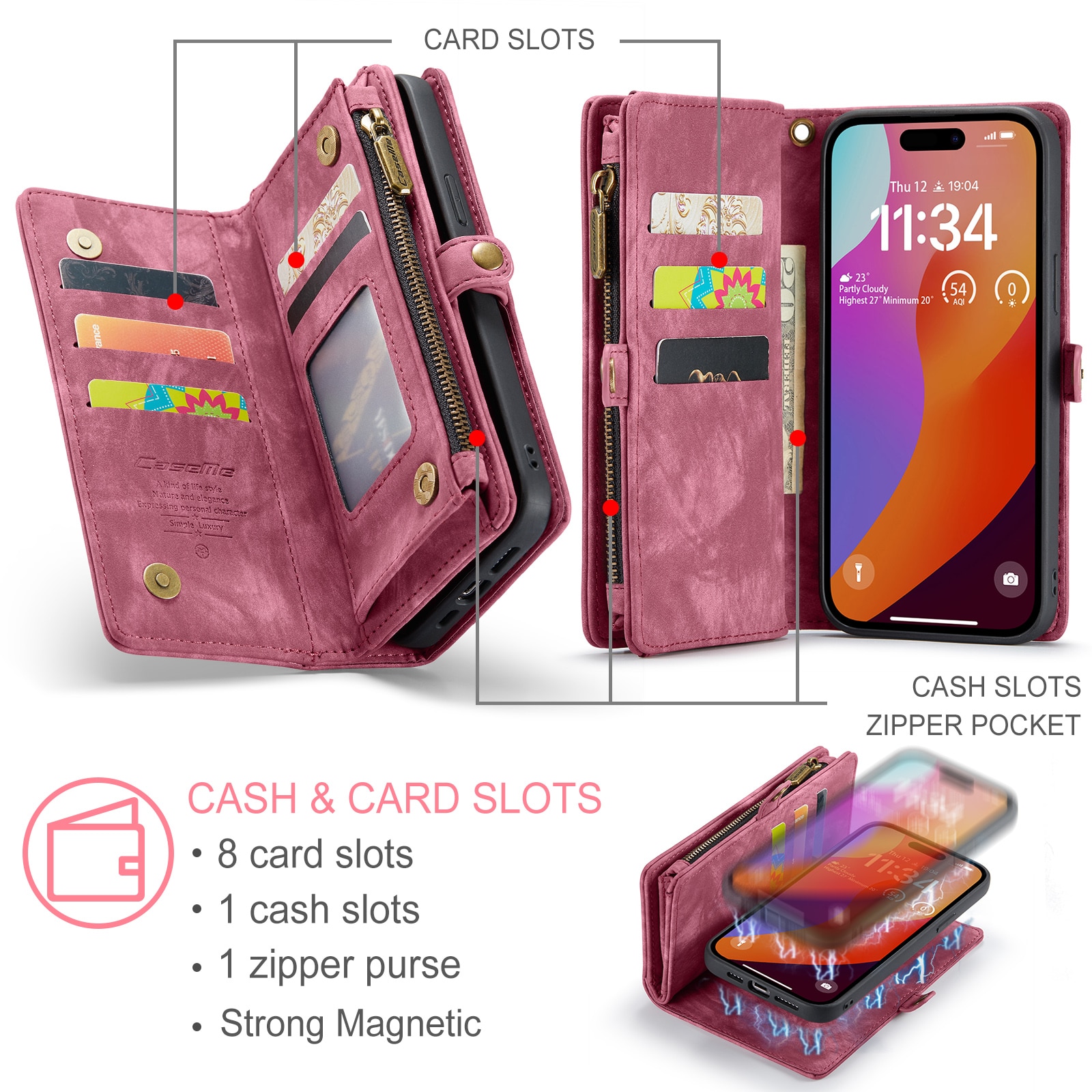 Husa pentru iPhone 15 Pro Max, CaseMe, piele portofel 2 in 1, multifunctionala, back cover detasabil, curelusa mana, inchidere magnetica, stand, buzunare carduri, bani, casti, chei, Rosu