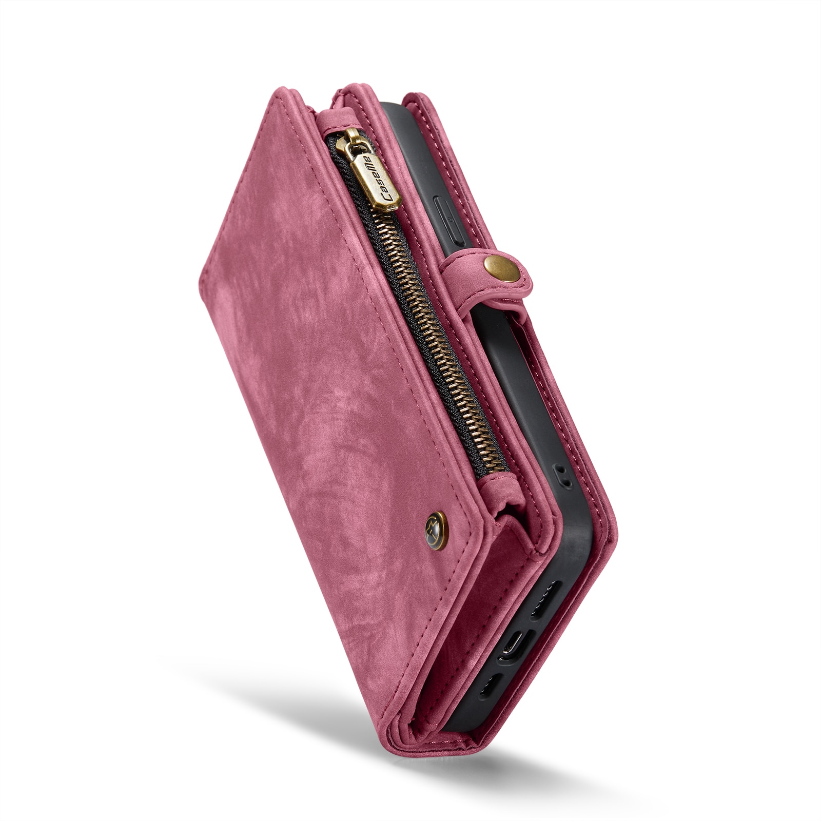 Husa pentru iPhone 15 Pro Max, CaseMe, piele portofel 2 in 1, multifunctionala, back cover detasabil, curelusa mana, inchidere magnetica, stand, buzunare carduri, bani, casti, chei, Rosu