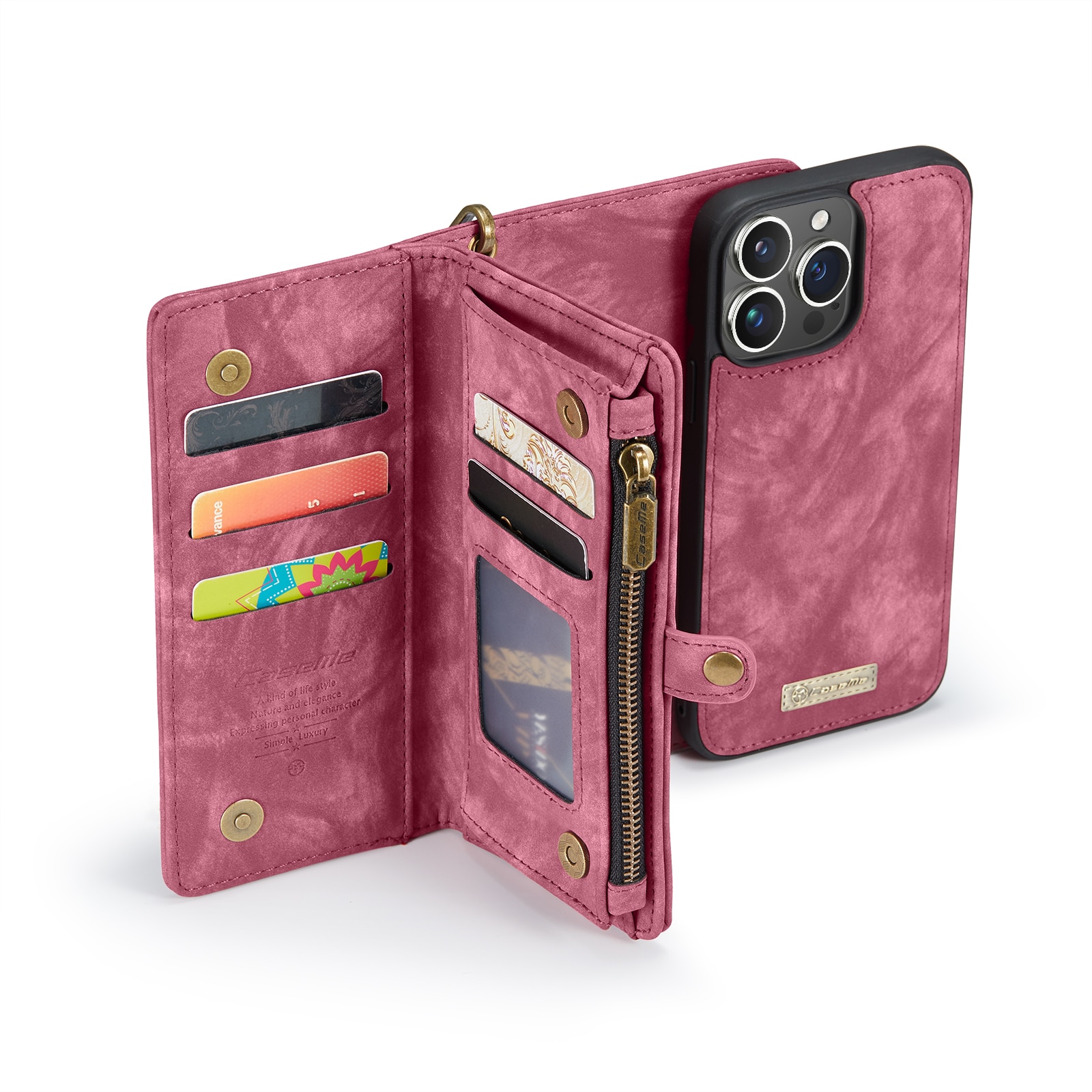 Husa pentru iPhone 15 Pro Max, CaseMe, piele portofel 2 in 1, multifunctionala, back cover detasabil, curelusa mana, inchidere magnetica, stand, buzunare carduri, bani, casti, chei, Rosu