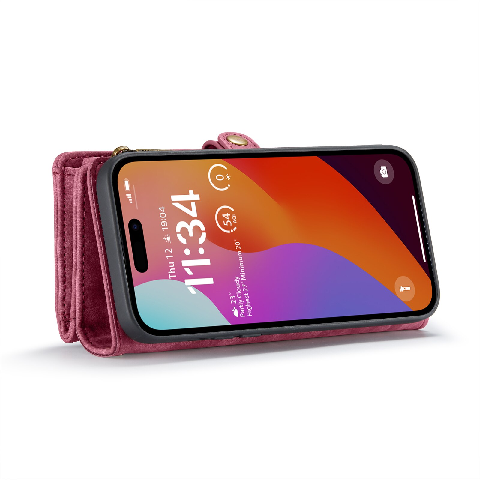 Husa pentru iPhone 15 Pro Max, CaseMe, piele portofel 2 in 1, multifunctionala, back cover detasabil, curelusa mana, inchidere magnetica, stand, buzunare carduri, bani, casti, chei, Rosu