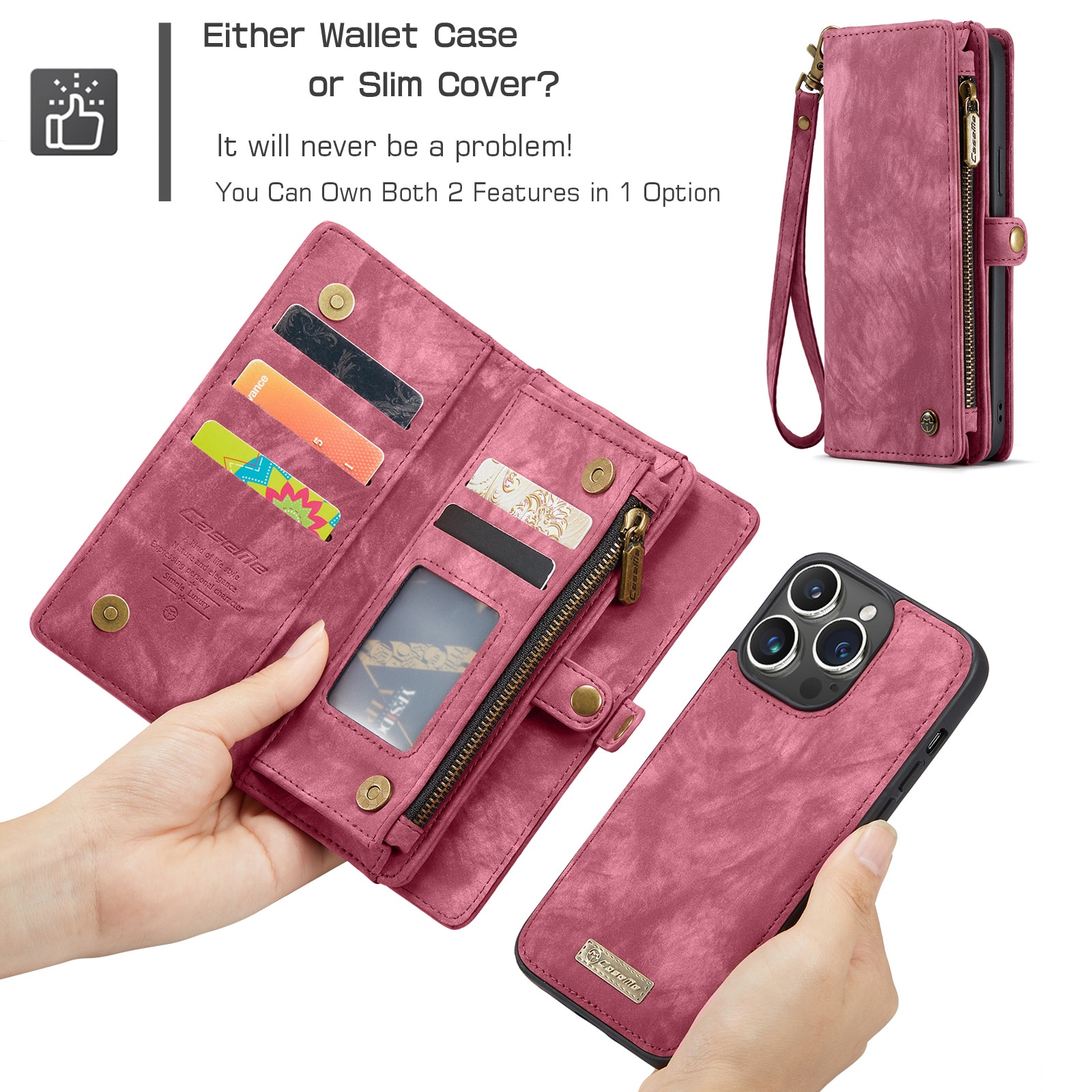 Husa pentru iPhone 15 Pro Max, CaseMe, piele portofel 2 in 1, multifunctionala, back cover detasabil, curelusa mana, inchidere magnetica, stand, buzunare carduri, bani, casti, chei, Rosu