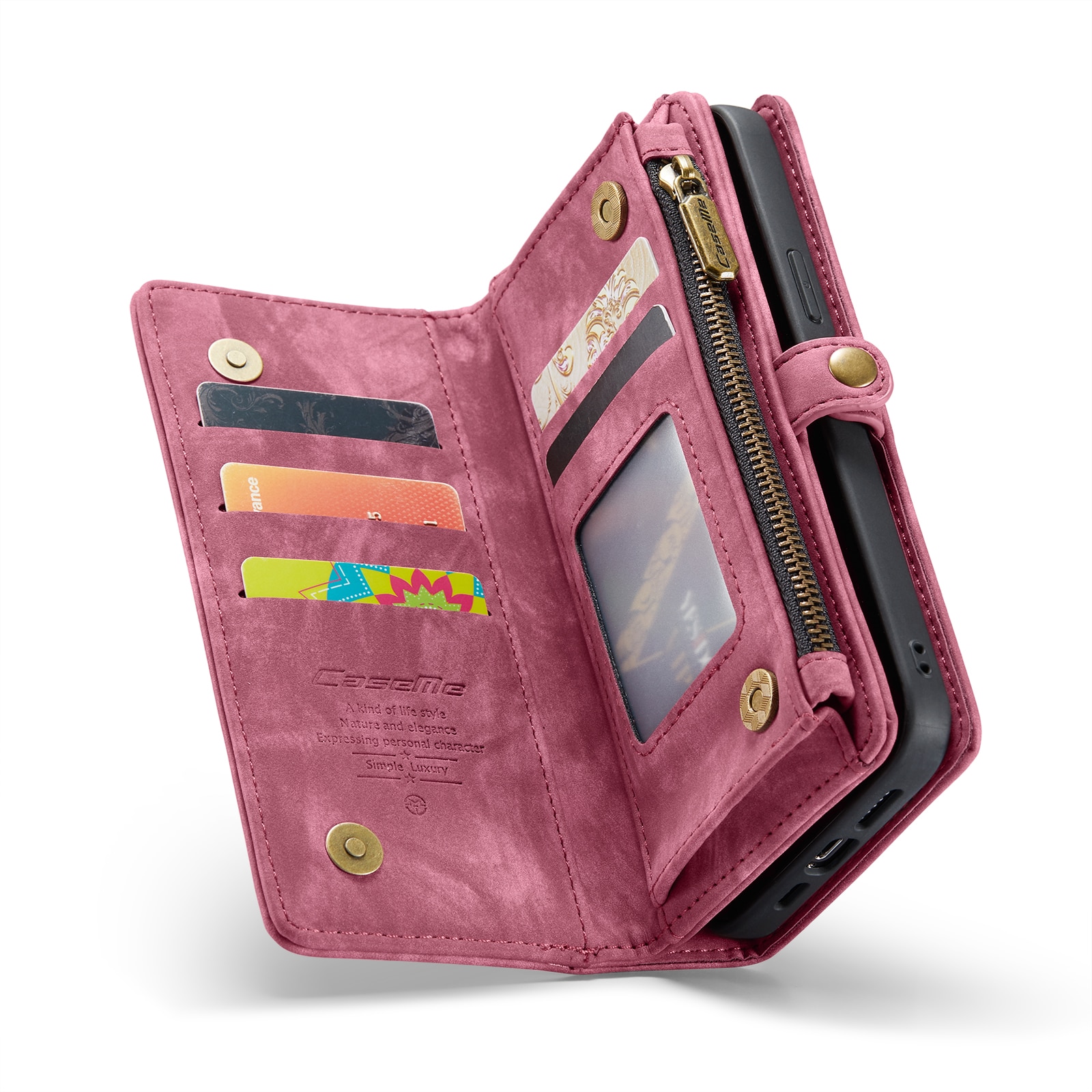 Husa pentru iPhone 15 Pro Max, CaseMe, piele portofel 2 in 1, multifunctionala, back cover detasabil, curelusa mana, inchidere magnetica, stand, buzunare carduri, bani, casti, chei, Rosu
