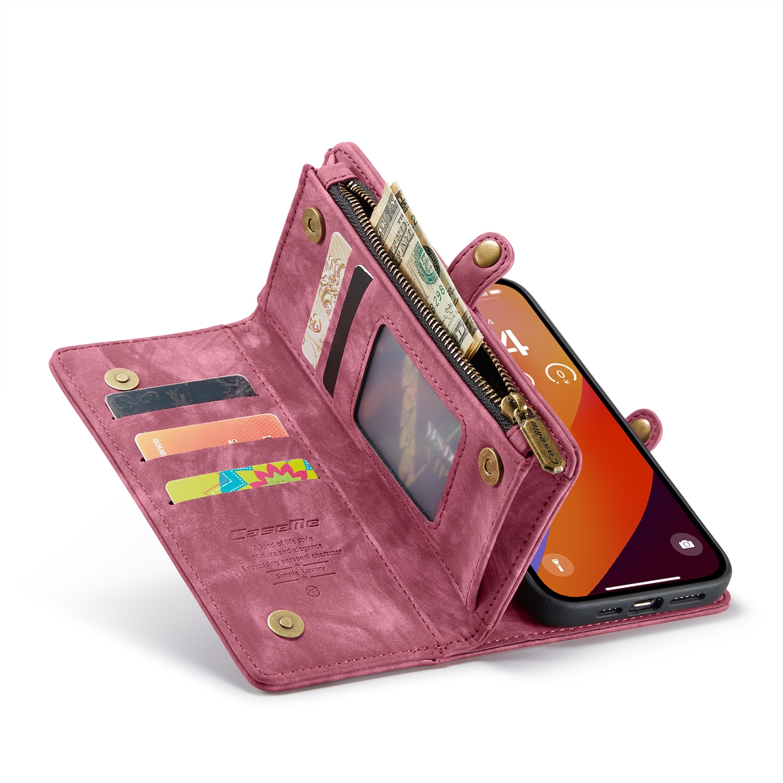 Husa pentru iPhone 15 Pro Max, CaseMe, piele portofel 2 in 1, multifunctionala, back cover detasabil, curelusa mana, inchidere magnetica, stand, buzunare carduri, bani, casti, chei, Rosu