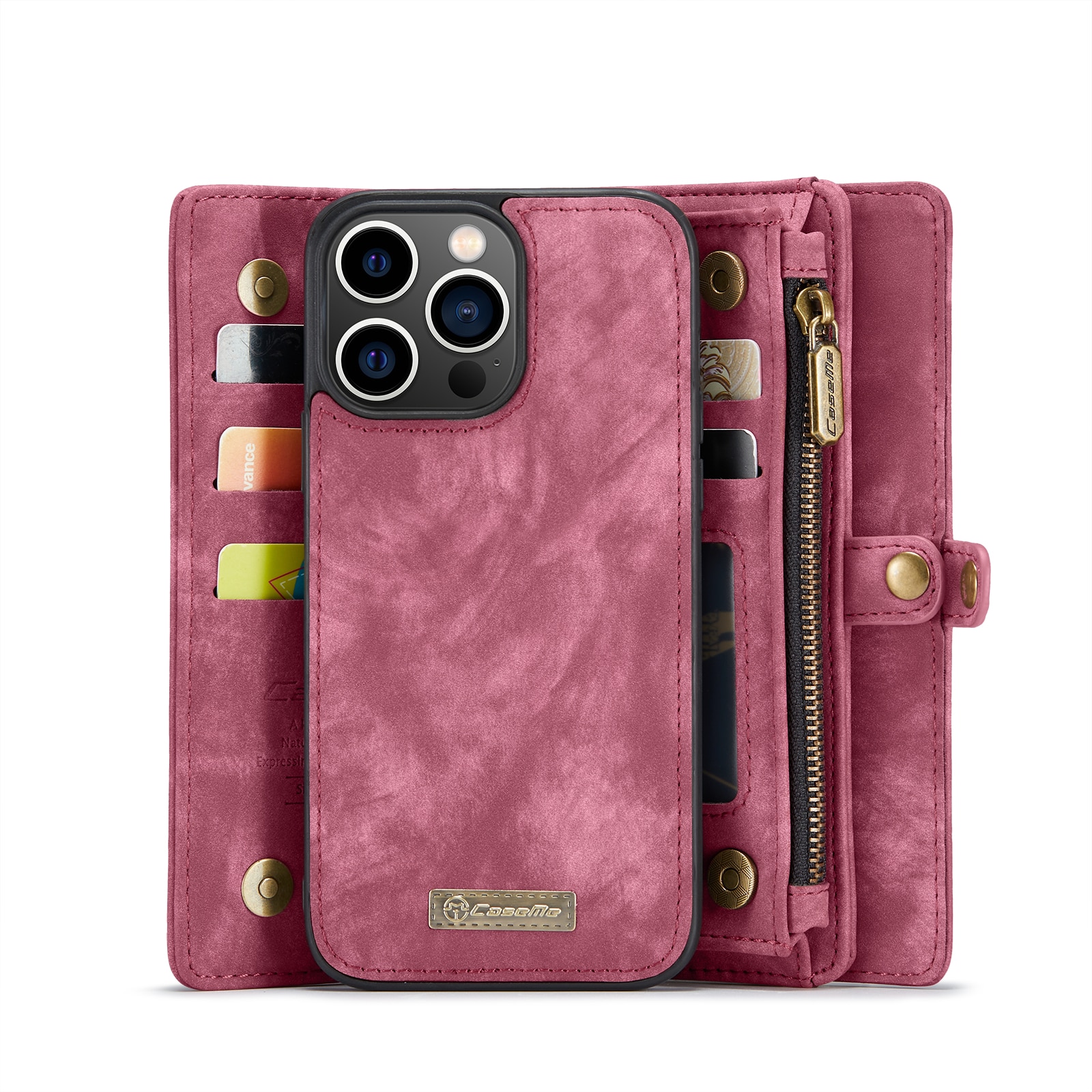 Husa pentru iPhone 15 Pro Max, CaseMe, piele portofel 2 in 1, multifunctionala, back cover detasabil, curelusa mana, inchidere magnetica, stand, buzunare carduri, bani, casti, chei, Rosu