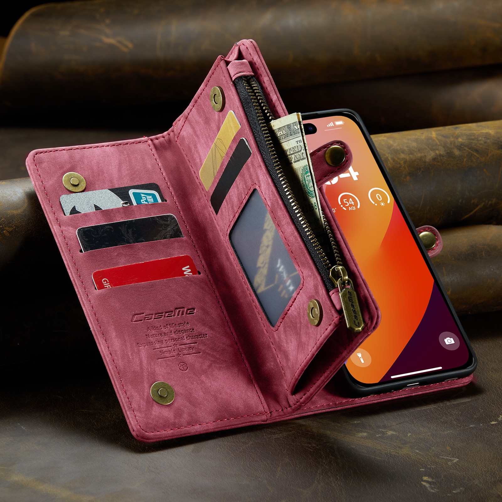 Husa pentru iPhone 15 Pro Max, CaseMe, piele portofel 2 in 1, multifunctionala, back cover detasabil, curelusa mana, inchidere magnetica, stand, buzunare carduri, bani, casti, chei, Rosu