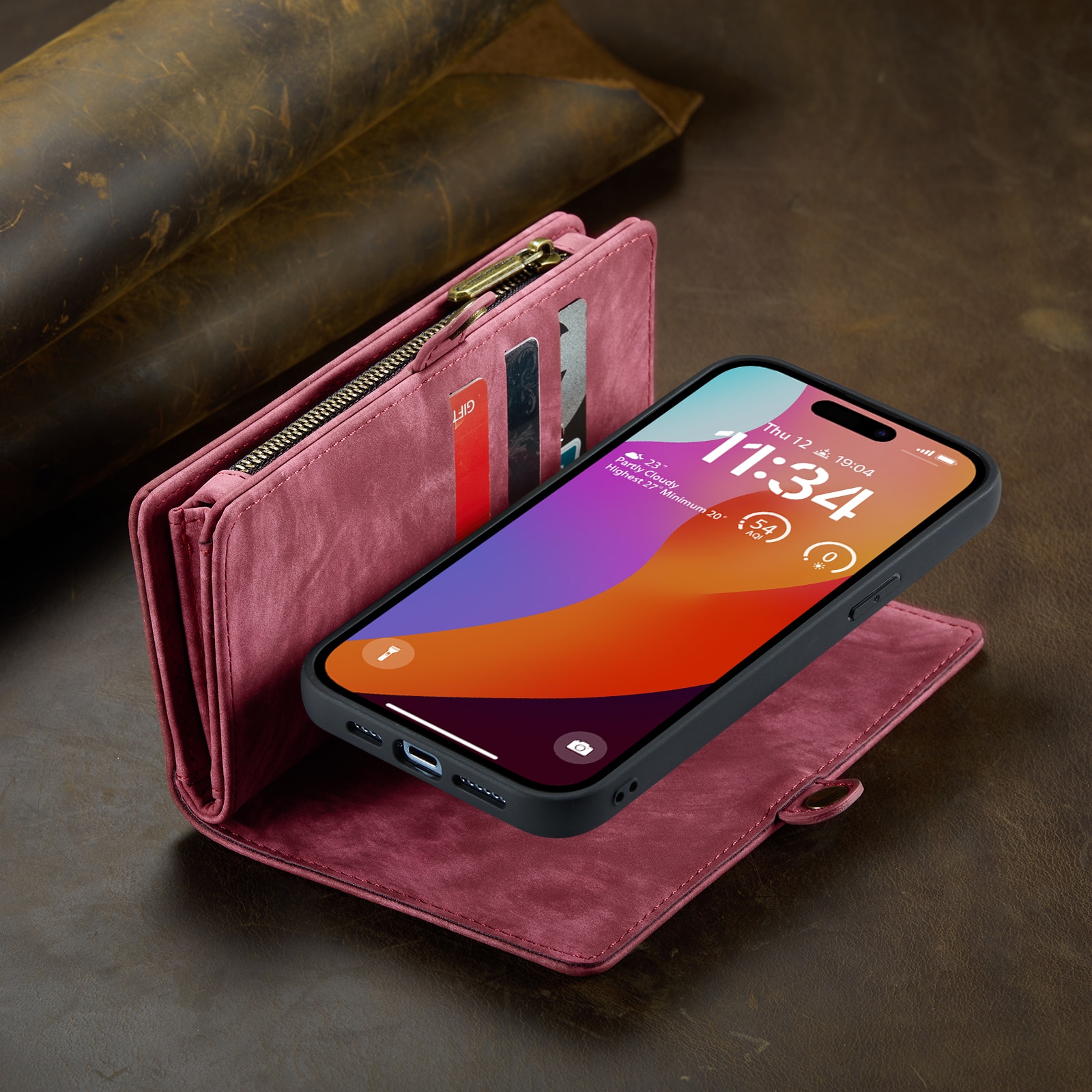 Husa pentru iPhone 15 Pro Max, CaseMe, piele portofel 2 in 1, multifunctionala, back cover detasabil, curelusa mana, inchidere magnetica, stand, buzunare carduri, bani, casti, chei, Rosu