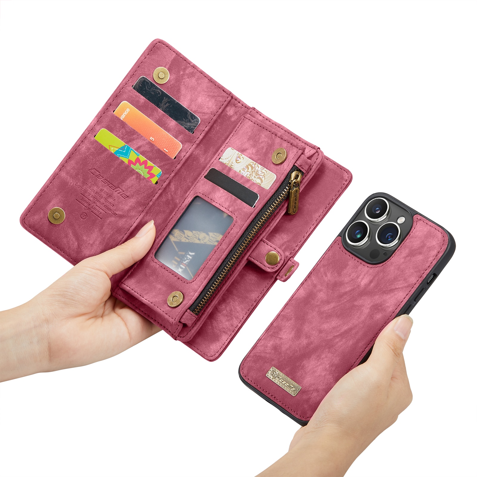 Husa pentru iPhone 15 Pro Max, CaseMe, piele portofel 2 in 1, multifunctionala, back cover detasabil, curelusa mana, inchidere magnetica, stand, buzunare carduri, bani, casti, chei, Rosu