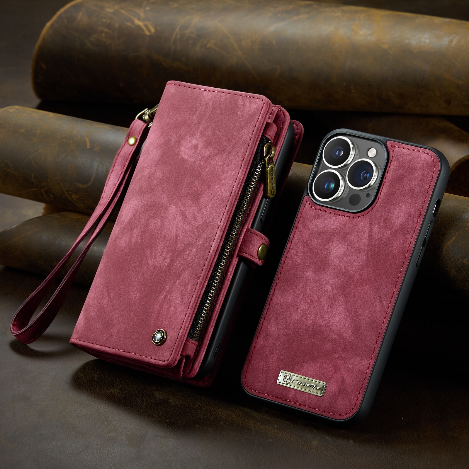 Husa pentru iPhone 15 Pro Max, CaseMe, piele portofel 2 in 1, multifunctionala, back cover detasabil, curelusa mana, inchidere magnetica, stand, buzunare carduri, bani, casti, chei, Rosu