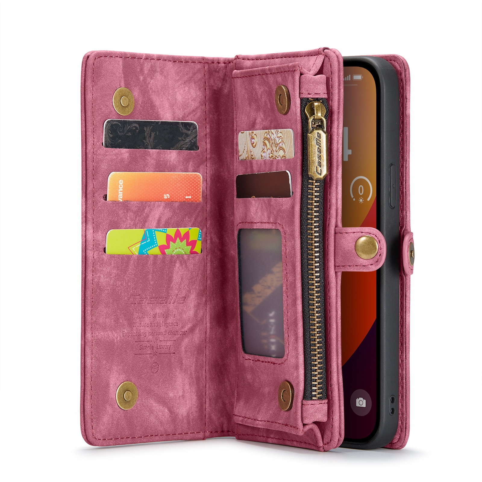 Husa pentru iPhone 15 Pro Max, CaseMe, piele portofel 2 in 1, multifunctionala, back cover detasabil, curelusa mana, inchidere magnetica, stand, buzunare carduri, bani, casti, chei, Rosu