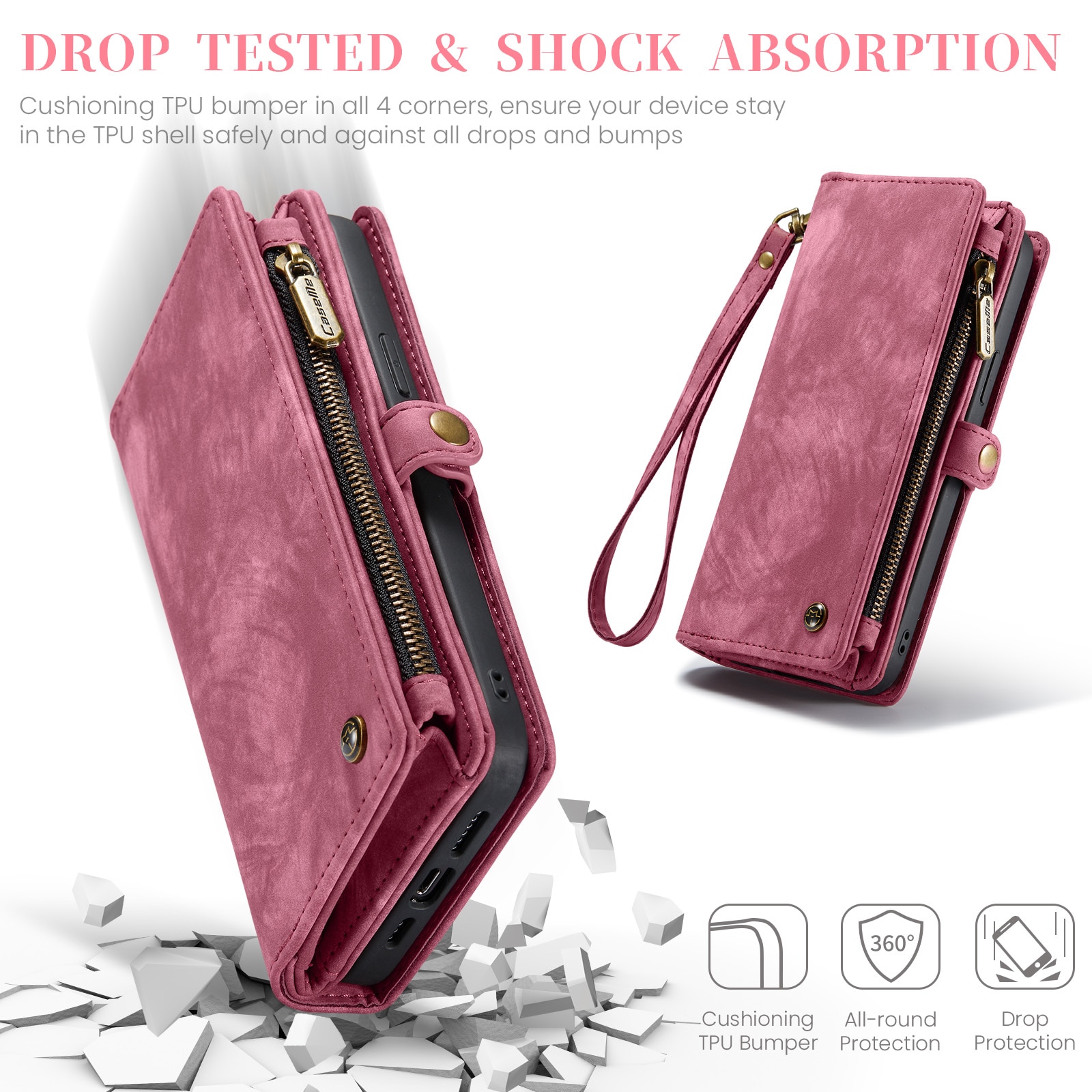 Husa pentru iPhone 15 Pro Max, CaseMe, piele portofel 2 in 1, multifunctionala, back cover detasabil, curelusa mana, inchidere magnetica, stand, buzunare carduri, bani, casti, chei, Rosu