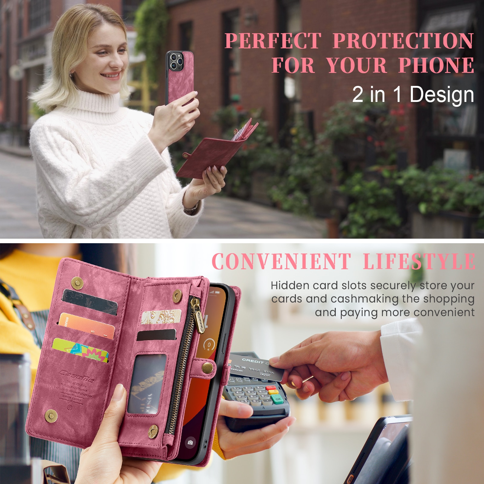 Husa pentru iPhone 15 Pro Max, CaseMe, piele portofel 2 in 1, multifunctionala, back cover detasabil, curelusa mana, inchidere magnetica, stand, buzunare carduri, bani, casti, chei, Rosu