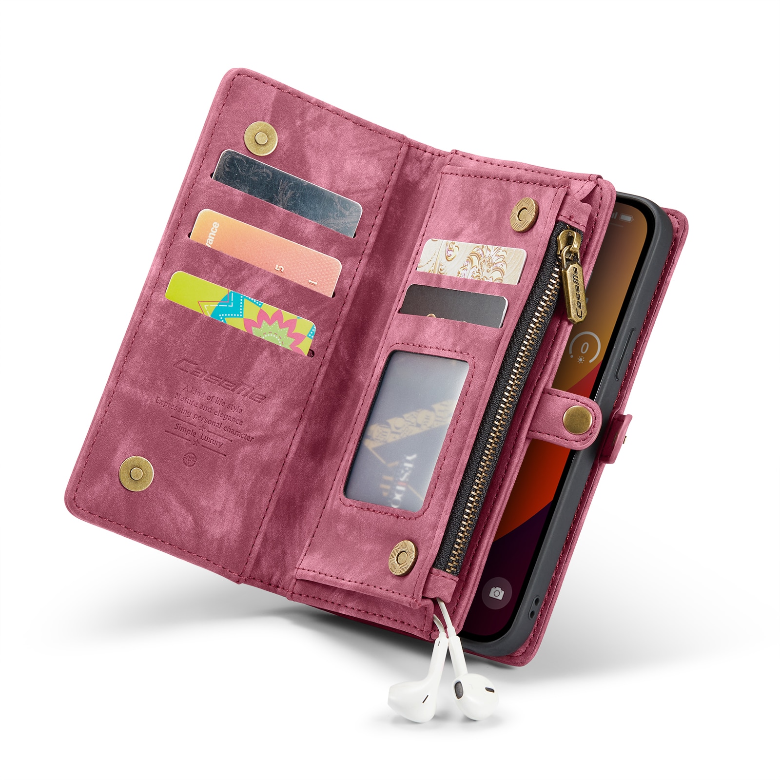 Husa pentru iPhone 15 Pro Max, CaseMe, piele portofel 2 in 1, multifunctionala, back cover detasabil, curelusa mana, inchidere magnetica, stand, buzunare carduri, bani, casti, chei, Rosu