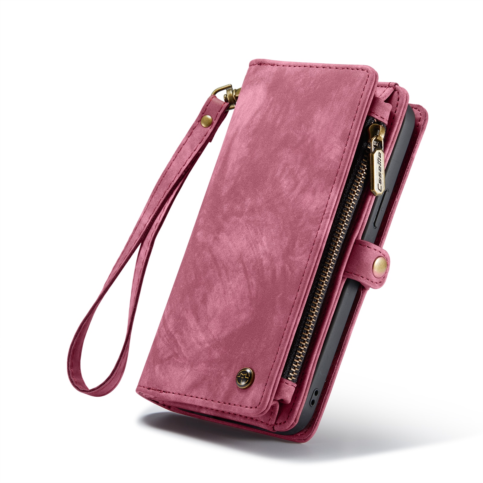 Husa pentru iPhone 15 Pro Max, CaseMe, piele portofel 2 in 1, multifunctionala, back cover detasabil, curelusa mana, inchidere magnetica, stand, buzunare carduri, bani, casti, chei, Rosu