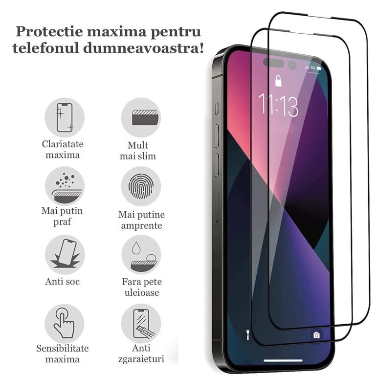 Folie Sticla Merkie®, Compatibil Apple iPhone 14 Pro, Protectie Profesionala Ecran 3D, Full Cover - Negru