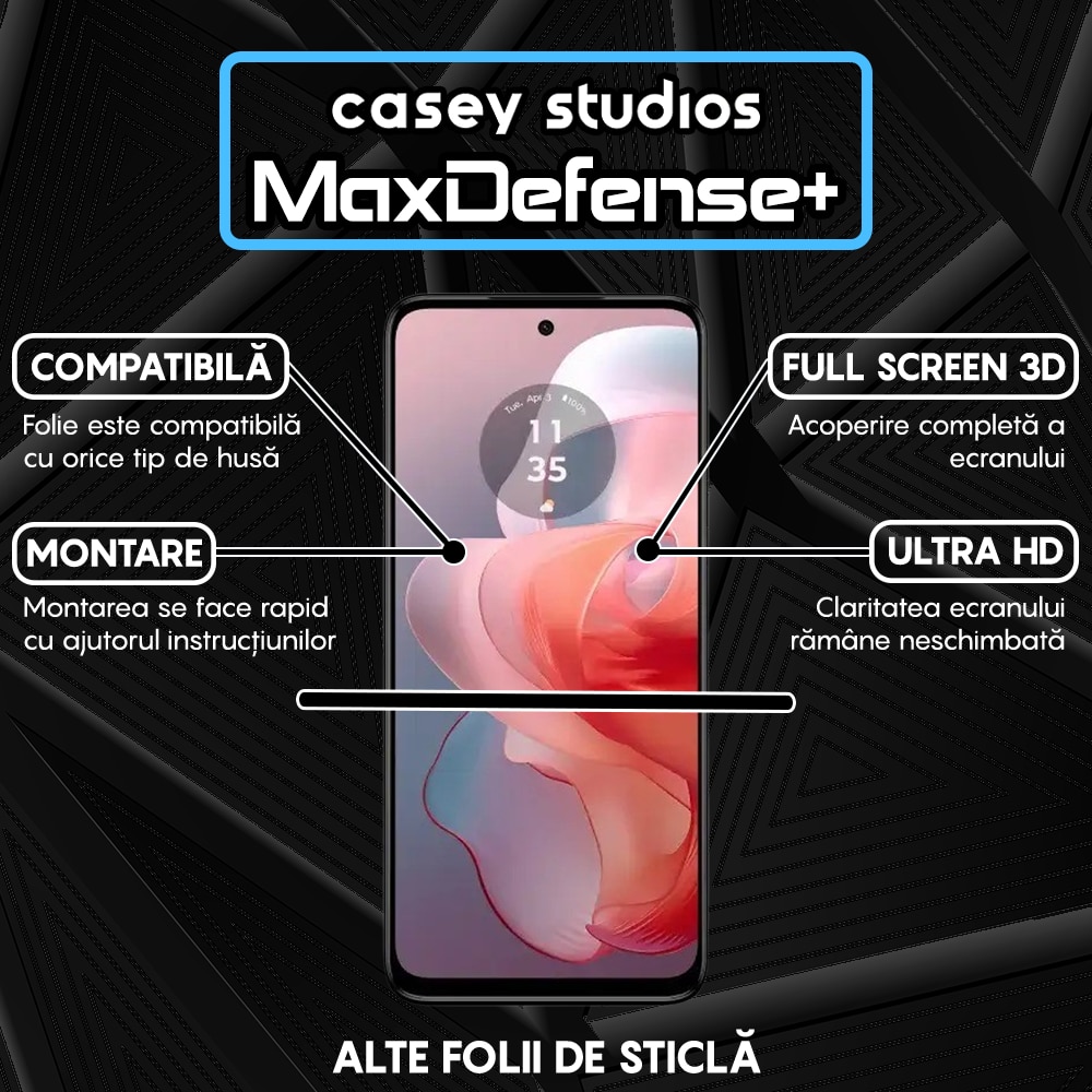 Folie Sticla CASEY STUDIOS™ compatibila cu Motorola Moto G Power 2024, Full Cover 3D, Full Glue, Duritate Militara, Ultra HD, Anti Zgarieturi, Anti Amprente, Anti Socuri, Margini Negre