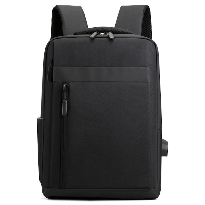 Rucsac pentru laptop din nylon Model 0805BM-BST3153783-3, cu port USB incorporat, pentru laptop 15,6 inch, buzunare multiple, negru, 40x30x11 cm