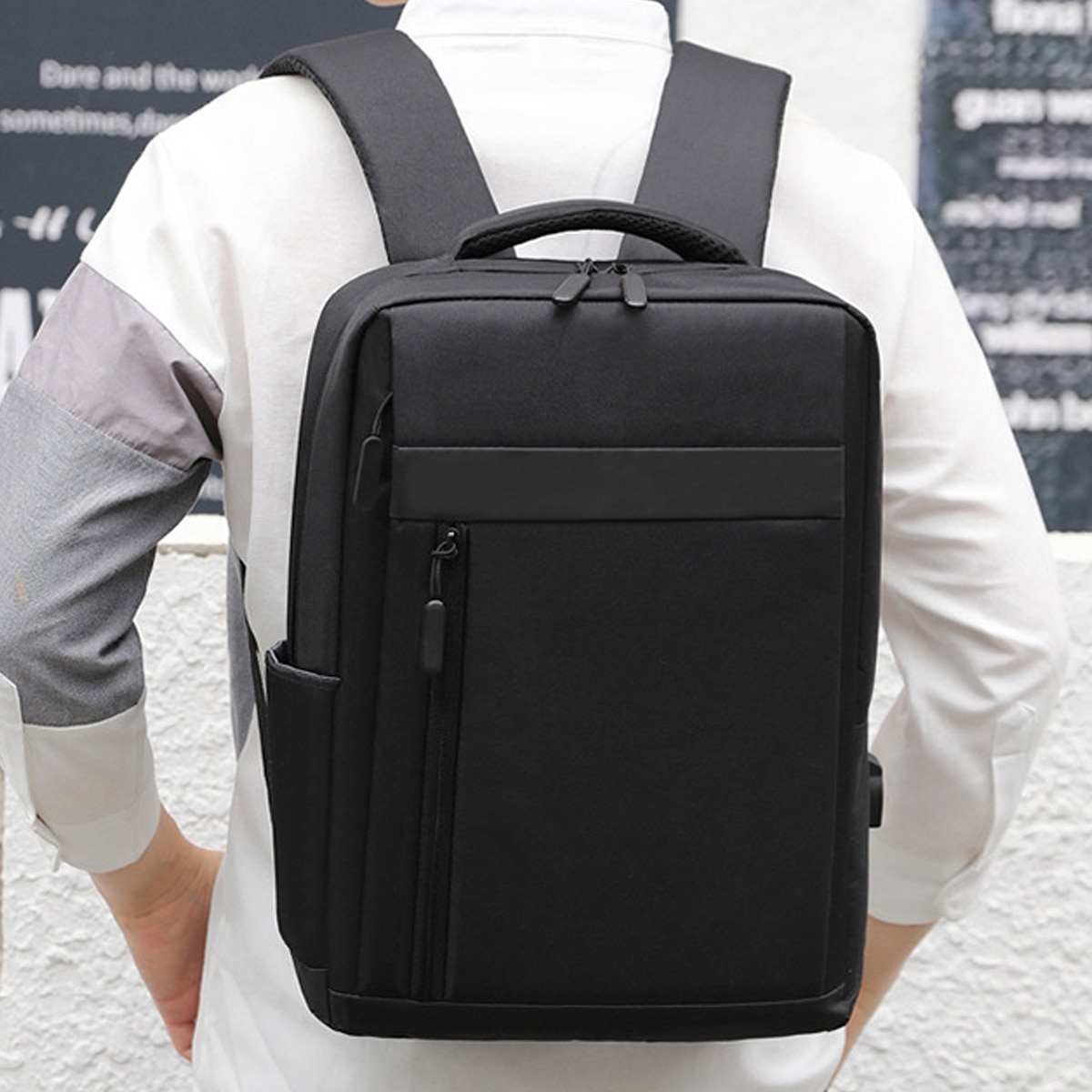 Rucsac pentru laptop din nylon Model 0805BM-BST3153783-3, cu port USB incorporat, pentru laptop 15,6 inch, buzunare multiple, negru, 40x30x11 cm