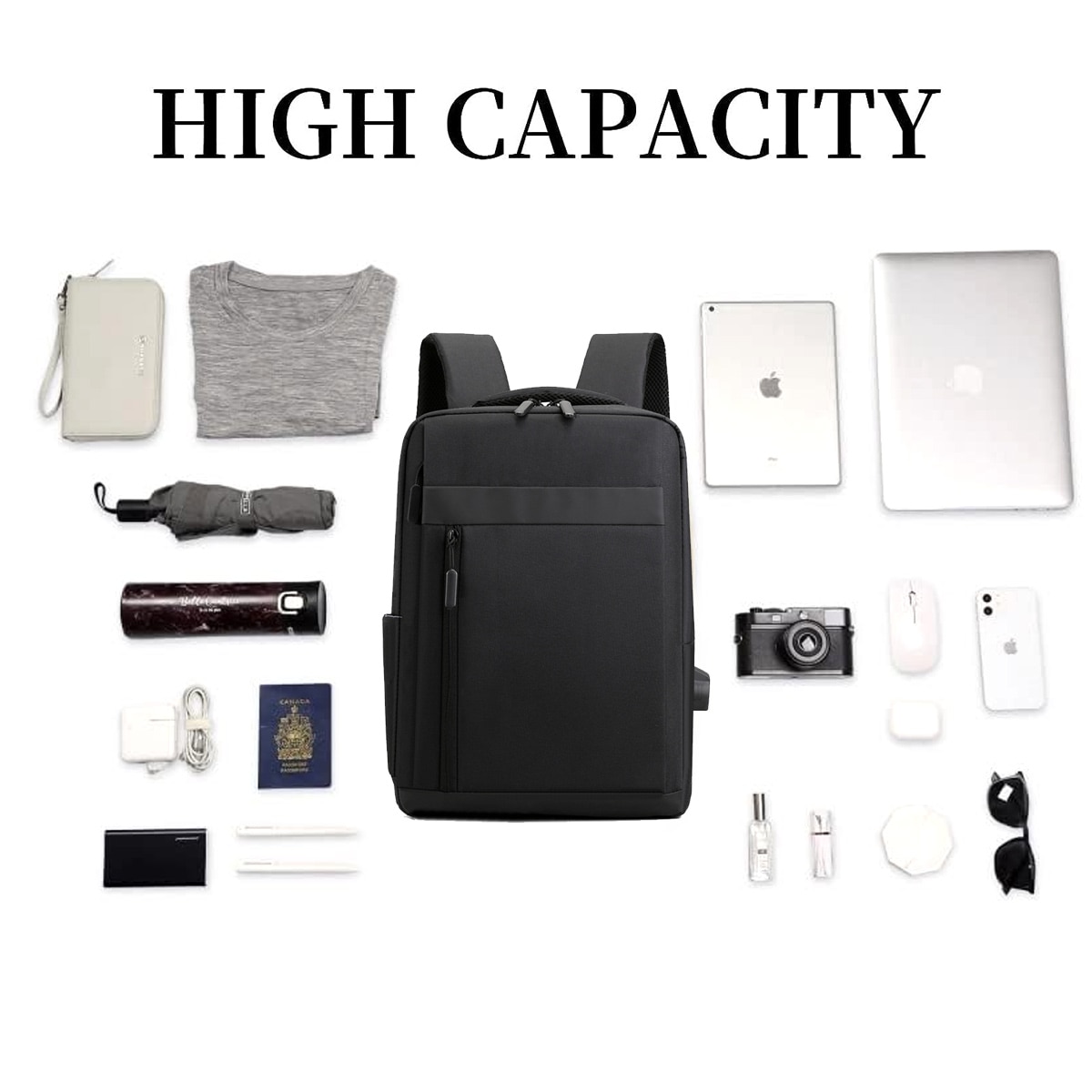 Rucsac pentru laptop din nylon Model 0805BM-BST3153783-3, cu port USB incorporat, pentru laptop 15,6 inch, buzunare multiple, negru, 40x30x11 cm