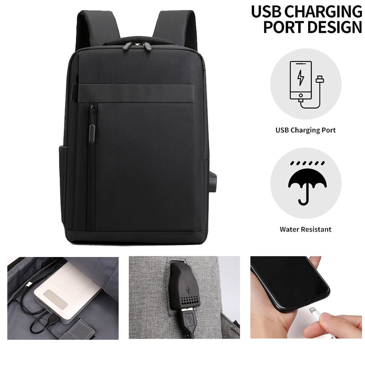 Rucsac pentru laptop din nylon Model 0805BM-BST3153783-3, cu port USB incorporat, pentru laptop 15,6 inch, buzunare multiple, negru, 40x30x11 cm