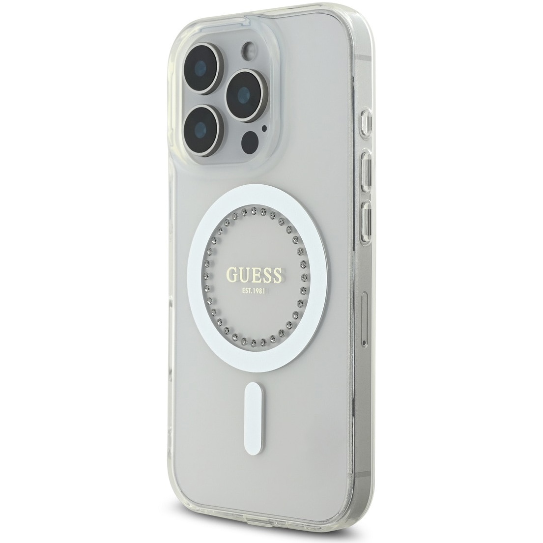Husa de protectie Guess IML Rhinestones Ring MagSafe pentru iPhone 16 Pro, Alb