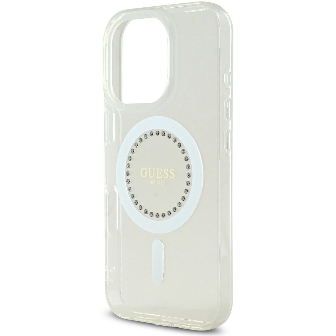 Husa de protectie Guess IML Rhinestones Ring MagSafe pentru iPhone 16 Pro, Alb