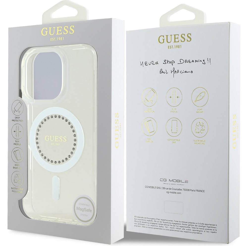 Husa de protectie Guess IML Rhinestones Ring MagSafe pentru iPhone 16 Pro, Alb
