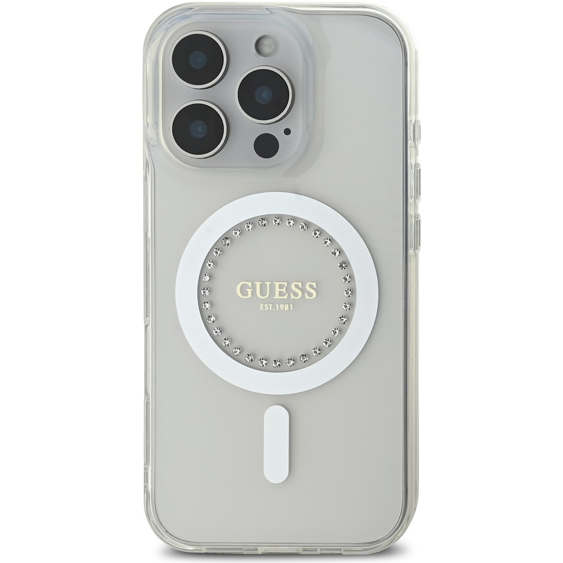 Husa de protectie Guess IML Rhinestones Ring MagSafe pentru iPhone 16 Pro, Alb